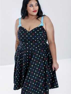 Hell Bunny Black Midi Dress with Multicolor Heart Print and Blue Straps 4XL